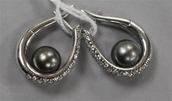 A pair of Mikimoto 18ct white gold, Tahitian cultured pearl and diamond set earrings, 24mm.